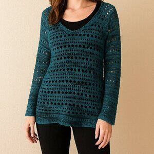 Lucky Brand Teal Crochet Knit Sweater Size Medium